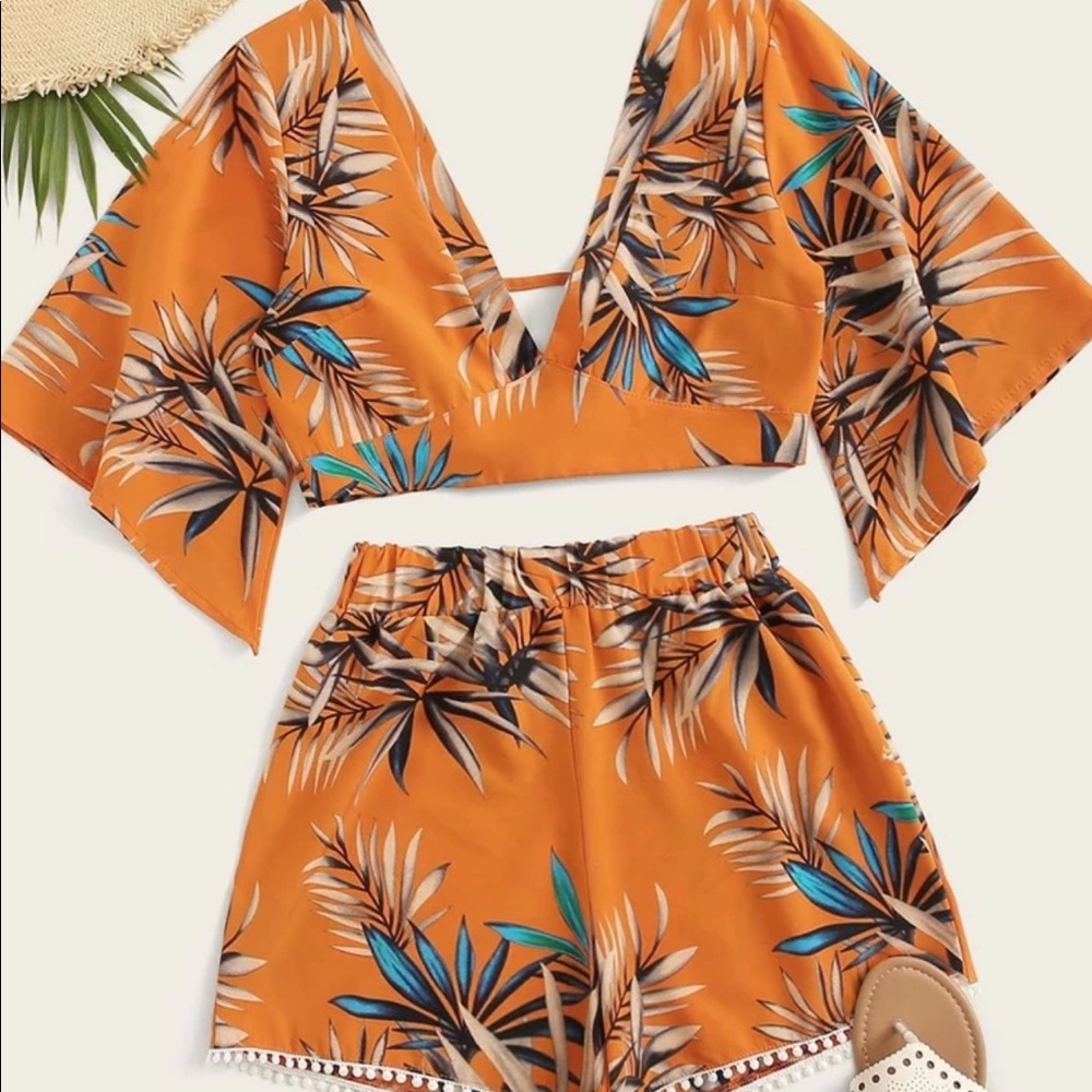 Tropical Plunging Crop Top & Pom Pom Shorts set